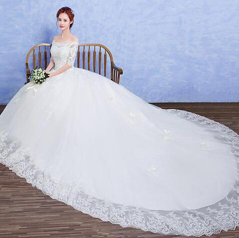 一字肩婚纱2017新款彩色长拖尾欧美公主梦幻结婚新娘冬季长袖礼服