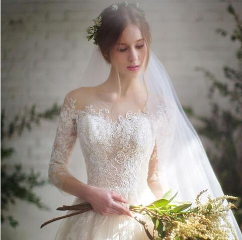 一字肩婚纱2017新款彩色长拖尾欧美公主梦幻结婚新娘冬季长袖礼服