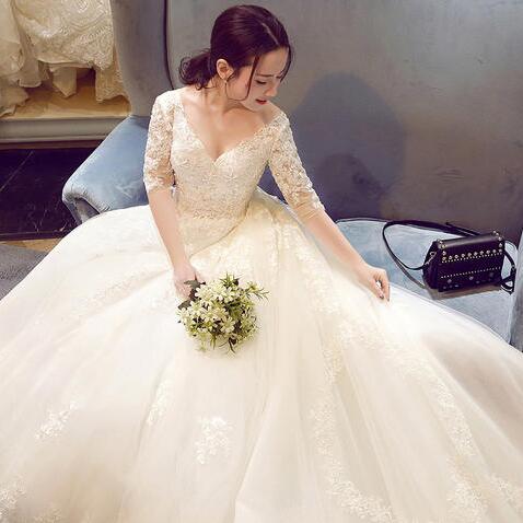 婚纱礼服2017新款新娘结婚长拖尾一字肩奢华齐地公主简约显瘦冬季