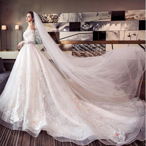 一字肩婚纱2017新款彩色长拖尾欧美公主梦幻结婚新娘冬季长袖礼服